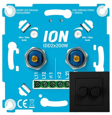 ION INDUSTRIES 2X200W Duo LED Dimmer - Mit Schwarzer Frontplatte - Professioneller Duo Dimmerschalter für Dimmbare LED Lampen