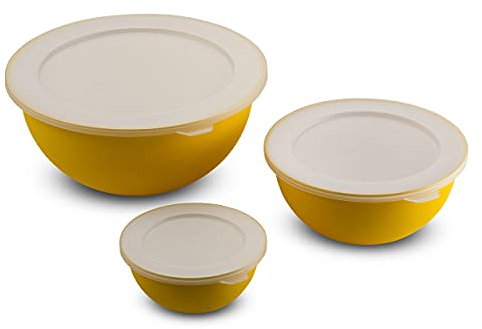 omada Design, Set mit 3 Salatschüsseln mit Deckel (0,5 l - 1,5 l - 3,5 l) innen weiß und außen bunt, Microban antibakteriell, Linie Sanaliving