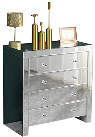 Homemade Deisgn FurnitureHMD Mirrored Glass Bedside Table Chest of Drawers with Crystal Handles Home Storage Side Table for Bedroom,Living room,Office (4 drawers cabinet)