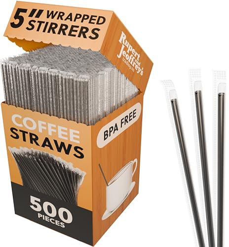 Individually Wrapped Coffee Stirrers and Stir Sticks, 5 Inch Black Plastic Sip Straws for Office Coffee Stations, 500 Count