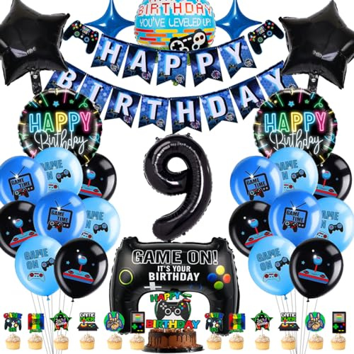 Videospiel Geburtstagsdeko 9 Jahre, Geburtstag 9. Junge Spiel,Gamer Party geburtstag Deko Set, XXL Gaming Controller Folienballons Set mit Banner Cake Topper，für Junge Geburtstag Spielthemen Party