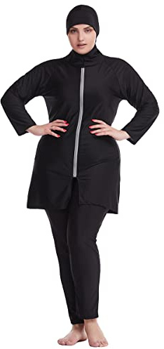 Burkini Damen Muslim Übergröße Frauen Muslimische Bademode Islamisch Arabisch Jilbab Langarm Schwimmoberteile Built in Bra+Schwimmhose+Hijab Kopftuch Khimar 3tlg Ganzkörper Schwimmanzug A#Schwarz 3XL