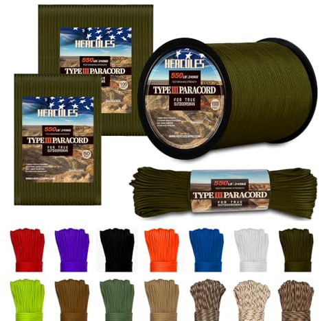 HERCULES Cuerda de paracaídas Tipo III Paracord 550, Cuerda de paracaídas, 50 pies, Verde Militar para Cuerda de Camping, Cuerda de Supervivencia
