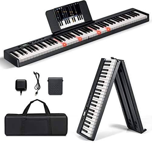 COSTWAY Tangentbord 88 Tangenter, Elektroniskt Piano med Vikbar Design, Digitalt Keyboard med MIDI, 128 Rytmer, 128 Toner och 20 Demos, Bärbart Piano för Barn och Vuxna Svart