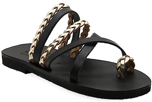 41 Schwarz Emmanuela Greek Style Sandalen mit geflochtenen Gold Teilen, hochwertige handgemachte Leder Zehenring flache Sandalen, Slide on Sommerschuhe für Damen, Boho Chic Slider Sandalen
