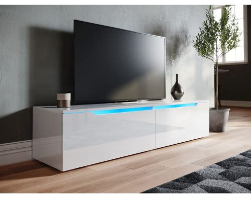 SONNI Mueble TV con Luces Regulables de 12 Colores,Mueble de Salón con LED y Estante de Cristal (Blanco, 140x35x30cm)