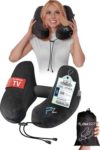 FLOWZOOM Air Inflatable Neck Pillow for Travel – H-Shape Airplane Pillow with 5 Sleeping Positions, Quick Inflation, Adjustable Pressure, Detachable Hood, Soft Plush Cover – Size M, Black