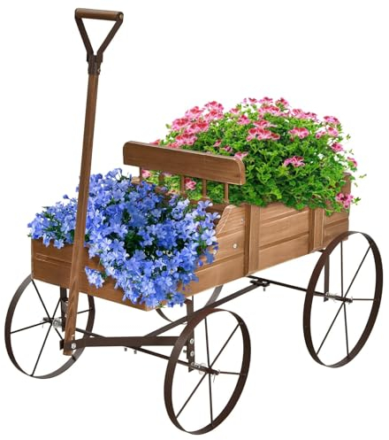 SOARS Carrello da Giardino in Legno di Abete Portavasi, Fioriera Forma di Carriola per Piante e Fiori, Decorazione Giardinaggio con Manico e Ruote Vintage, per Cortile, Patio e Balcone (Marrone)