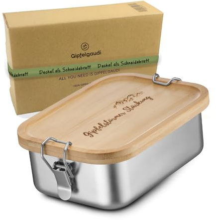 Gipfelgaudi Gipfelstürmer Brotdose mit Holzdeckel I Langlebige Edelstahl Box für Kinder & Erwachsene I Besonders hygienische Lunchbox Edelstahl I Metall Brotdose leicht & handlich