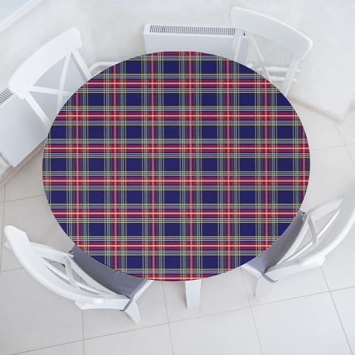ABAKUHAUS Plaid Elastisches Rundtischtuch, Altmodische Schottische Tartan-Land-Art mit geometrischer Blick-Zusammenfassungs-Anordnung, Rundum-elastische Stofftischdecke, 114 cm - 142 cm, Mehrfarbig
