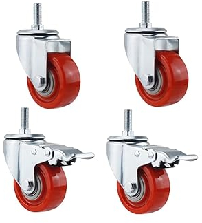 Industrielle Schwerlastrollen, 3 Zoll, 4 Zoll, 5 Zoll, Möbelrollen mit Bremsen, 12 x 30 mm, drehbare Doppellagerrolle mit Gewinde, Tragkraft: 300 kg (4) (rot 3 Zoll (rot 3 Zoll 75 mm)