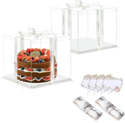Vebetter 2 Stück Tortenbox Tortenschachtel Tortenkarton 22 * 22 * 18cm Cake Box Transparent Torten Transportboxen Geschenkbox Durchsichtig mit Weiß Sockel, Band, kleine Karte für Geburtstag Dessert.