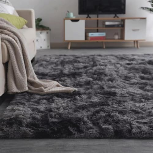 Generisch Teppich Waschbar fur Wohnzimmer Schlafzimmer Kinderzimmer, Hochflor Flauschig Teppich, Sehr Weich rutschfest Moderne Langflor Teppich, Bettvorleger für Zimmer Deko,Dark Gray,60x160cm
