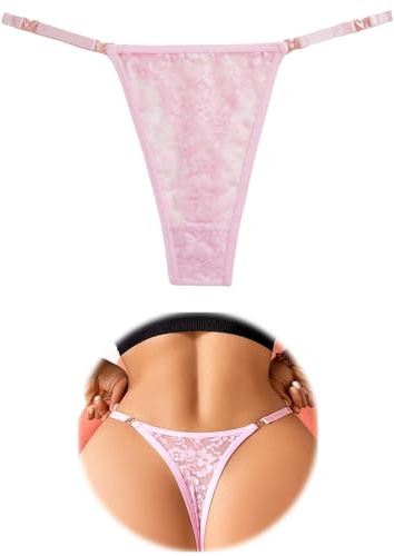 FULLJOYLOVE Lace Thongs for Women Plus Size Naughty Tangas Knickers with Heart-Shaped Decorations Ladies Lace Underwear Sexy Stretchy Cheeky Hollow Panties Briefs Pink L