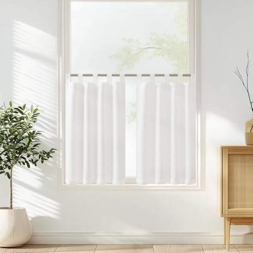 TOPICK Vangao Scheibengardinen Modern Küche Weiß Leinenoptik Bistrogardine 2er Set 70Bx60H cm mit Schlaufen Gardinen Kurz Halbtransparente Küchengardinen für Kleine Fenster Wohnmobil Küchenfenster