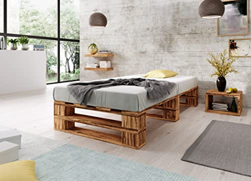 Lermowood Palettenbett M2 aus Holz 120 x 200 cm Geflammt mit Lattenrost Holzbett 40cm Stabiles Seniorenbett Kinderbett Jugendbett Gästebett erhöhtes Einzelbett Bettgestell Futonbett Komforthöhe