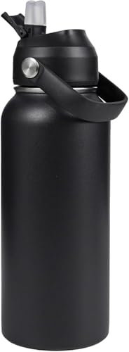 Hawthyhome Edelstahl Trinkflasche 1000ml Trinkflasche mit Strohhalm 32oz Thermosflasche Auslaufsicher, BPA Frei, Vakuum Doppelwandisolierung für Sport, Reisen, Camping, Wandern, Radfahren，Schwarz