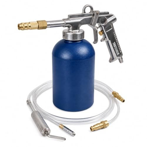 TRUTZHOLM Druckbecherpistole mit 1100 ml Tank aus robustem Stahl 4-6 bar 1/4 Lufteinlass Hohlraumpistole zur Hohlraumversiegelung Unterbodenschutz inkl. Schläuche Hakendüse Runddüse