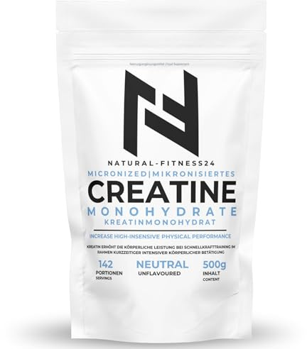 Natural-Fitness24 Creatin Monohydrat Pulver 500g Neutral | 200 Mesh | Ultra-fein & laborgeprüft | Vegan | Ohne Zusätze | Mikronisiertes Pulver - 142 Portionen pro Beutel