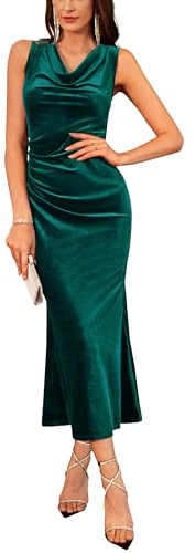 GRACE KARIN Vestidos de noche de terciopelo para mujer, otoño sin mangas maxi vestido envolvente, vestido de gala de sirena con escote cascada para boda, verde oscuro, 40