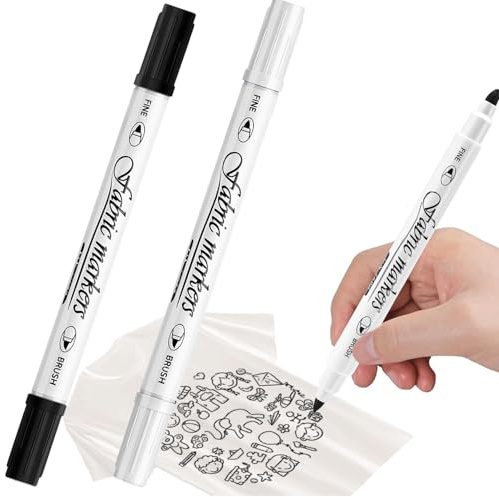 Canollo Textilstifte Waschmaschinenfest mit Doppelspitze, 2 Stück Textilfarbe Schwarz, Weiß, Textilmarker Waschmaschinenfest, Stoffmalstifte Set für Textilien Schuhe Die Hemden Hüten (Schwarz+Weiß)