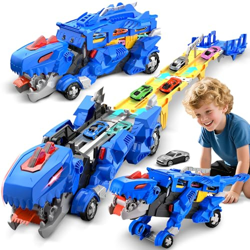 Dinosaurier Transport Truck Spielzeugautos für Jungen im Alter von 3, 4,5,6Jahren, Transporter Zum Schlucken mit 114cm Faltbarer Rennstrecke und 6 Mini Auto, Fahrzeug Sets Geschenk für Jungen Mädchen