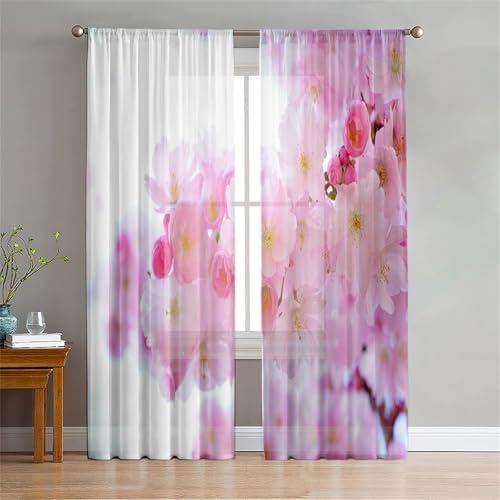 Surwin Translucidas Cortinas Salon, Estampado de Sakura Japonés 2 Piezas Cortina, Cocina Dormitorio Cortinas y Moderno Visillos Visillos Cortos para Ventanas (Sakura 3,80x115cm)