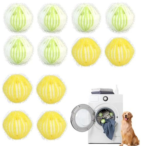 Paquete de 12 removedores de pelo para lavadora, removedor de pelo reutilizable para perros, removedor de pelo para mascotas, elimina pelo de mascotas, adecuado para perros y gatos (amarillo y verde).