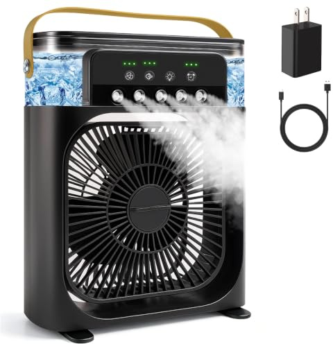 Portable Air Conditioner Fan, Mini Evaporative Air Cooler with 5 Spray Nozzles,3 Wind Speeds,3 Timers, 7 Colors LED Light,600ML Personal AC Unit Fan for Bedroom Office Camping（Black）