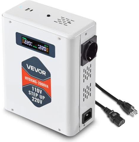 VEVOR Convertidor Elevador de Voltaje 2000 VA, de 110 V a 220 V, con 2 Tomas de Corriente de la UE, Salida USB, Pantalla LCD, Protección de Temperatura, para Electrodomésticos de 220 V, Blanco