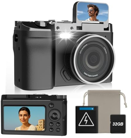 Macchina fotografica digitale 4K Ultra HD 64MP con Videocamera a flip da 90° e scheda di memoria da 32GB: adatta come regalo di compleanno e Natale Fotocamera