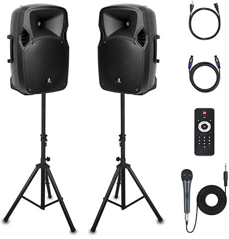 PRORECK Party 12 12-Zoll-2-Wege-Aktiv-PA-Lautsprechersystem-Kombiset mit 1000 Watt, Bluetooth/USB-Laufwerk-Lesefunktion/SD-Kartenleser/FM-Radio/Lautsprecherständer