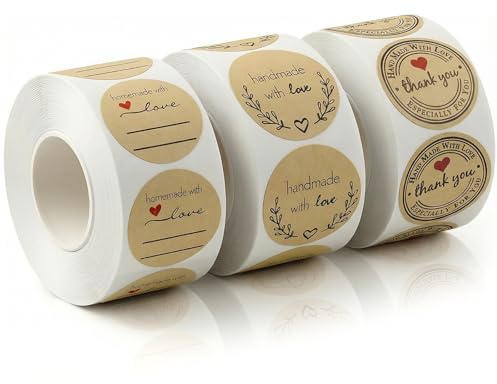 1500 STK Handmade with Love Aufkleber Sticker, Made with love aufkleber, Selbstgemacht mit Liebe Aufklebers Etiketten Weihnachten Geschenksticker für Hochzeit in 3 Rollen