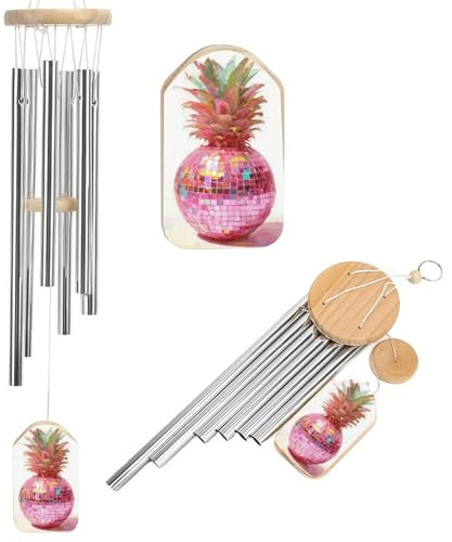Pink Disco Ball Pineapple Maximalist Wind Chimes Memorial Deep Tone Windchime with 6 Aluminum Tubes Outdoor Backyard Garden Decoration