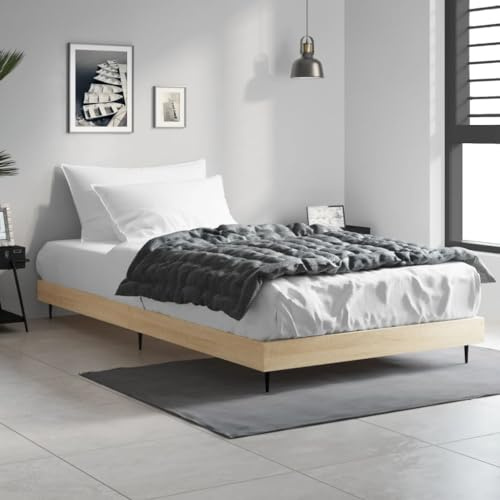QJBSAVVA Bettgestell Sonoma Eiche 90x190 cm ohne Matratze Holzwerkstoff mit Metallbeinen, Jugendbett Single Design, robust & langlebig für Schlafzimmer Gästezimmer und Jugendzimmer