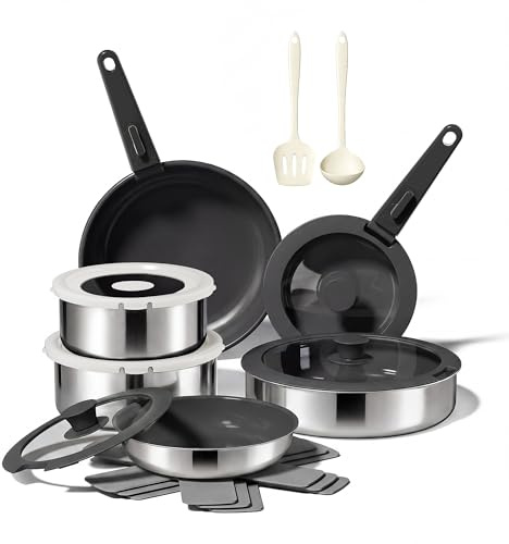 naturepan 16 PCS Ceramic Cookware Set, Stainless Steel Exterior Pots and Pans Set Non Stick, 10x More Durable Super Ceramic Coating, for Induction Hob Pan Set (Black)