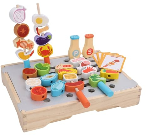 Asixxsix Grill-Spielset, Multifunktionaler Küchengrill aus Holz für Kreativität und Fantasie, Spielzeug-Grill-Set, Kleinkind-Spielset mit 28-teiligem Zubehör für Kleinkinder, und Mädchen