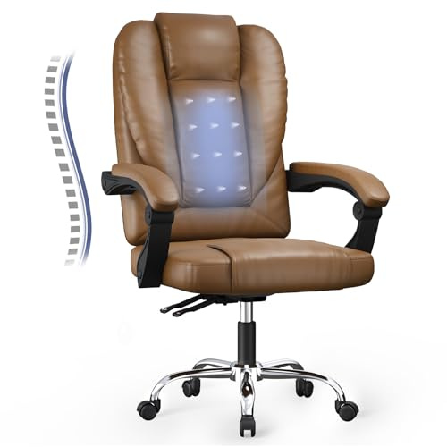 naspaluro Ergonomic Office Chair with Springs/Armrests, Brown Leather Heavy Duty Cross Legged Desk Chairs Comfy Big and Tall Computer Chair High Back Home Office Swivel Chair