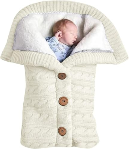 baby fleece knitted pram blanket set with pillow, soft cuddle blanket for newborn girls and boys, pink baby accessories for 0-12 months, 68 x 40 cm (Cream white)