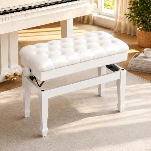 LIFERUN Doppelte Klavierbank 72 x 34 x 50 cm, Lange Klavierstuhl höhenverstellbar, Pianobank aus Verdickte PU Leder mit Stauraum, Robuste Klavierhocker aus massivem Holz mit gebogenen Beinen, Weiß