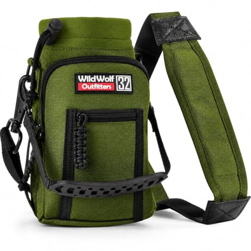 Wild Wolf Outfitters Tasche für Trinkflasche Molle Flaschenhalter Rucksack mit Verstellbarem Gurt und 2 Taschen | Erlaubt Hand Freies Tragen, Schützt und Isoliert Deine Flasche (Grün, 1 L)