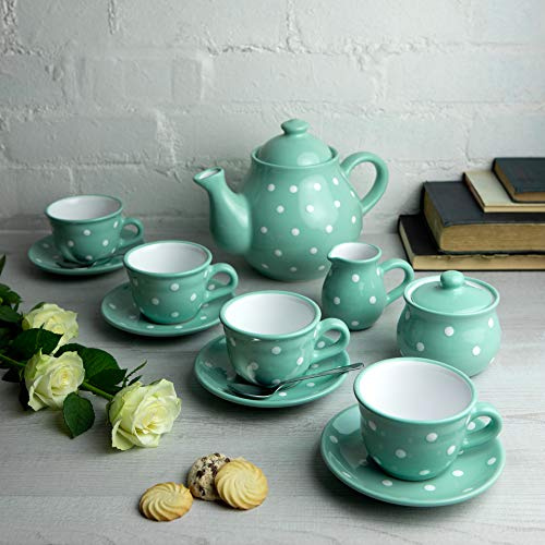 City to Cottage | Service à thé pour quatre | bleu turquoise à pois blancs en céramique fait et peint à la main | grande théière 1,7L 4-6 tasses, pot à lait, sucrier, quatre tasses et sous tasses