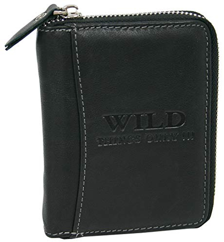 WILD THINGS ONLY !!! Herren Geldbörse aus Echt-Leder mit RFID Schutz | umlaufender Reißverschluss, sicheres Portmonnee (Hochformat, Schwarz)