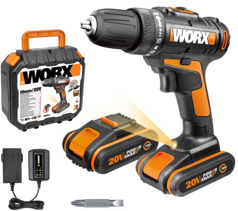 WORX WX101.1 Taladro atornillador 20V Máx, WX101.1, PowerShare, Incluye 2 baterías, cargador y maletín, 30Nm, Ligero y compacto, Portabrocas 10 mm