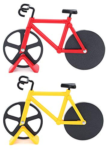 TAECOOOL Fahrrad Pizza-Schneider Edelstahl Walze Pizzarad Fahrrad Pizza-Schneider Zweiteiler Set (Rot Gelb)