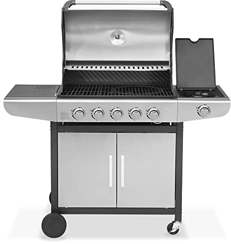 JUSTUS Gasgrill Ares Pro, 5 Hauptbrenner, 1 Seitenbrenner – Grill mit Piezozündung, Unterschrank, Seitentischen, Guss-Grillrost, 133 x 57 x 112 cm, Schwarz/Edelstahl