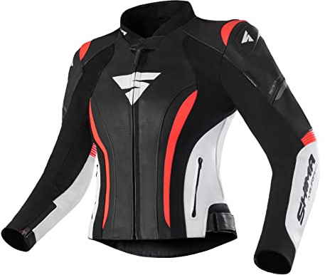 SHIMA MIURA 2.0 Giacca da moto - pelle, da donna, giacca sportiva con protezioni per schiena, gomiti e spalle, pelle perforata, per tuta 2 pezzi (Rosso Fluo, 34)