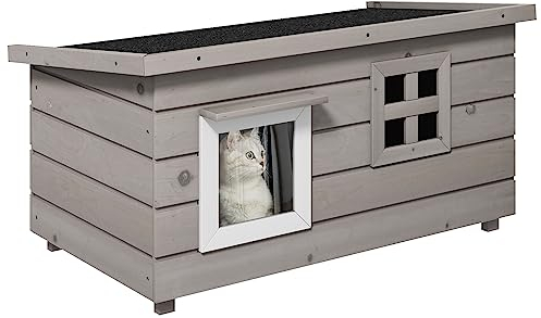 PawHut Katzenhaus Katzenhütte mit Asphaltdach Katzenhöhle Kleintierhaus mit Fenster für Katzen Hunde Outdoor Winterfest Tannenholz Grau Schwarz 87 x 52 x 44 cm