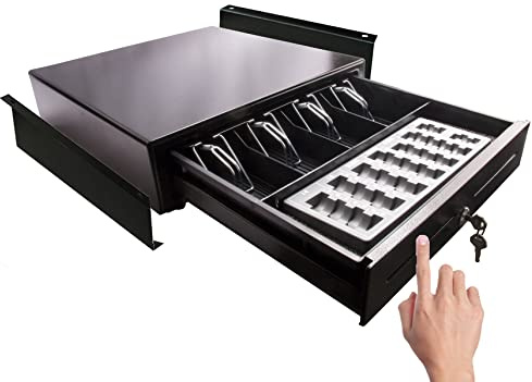 BLITZKASSE MIDI TOUCH Kassenschublade iQCash350TMU mit Münzbrett & Untertischhalterung, 350x400x100mm, manuelle Touch-Öffnung, Schwarz, Kassenlade, Geldschublade