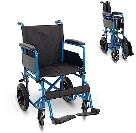 Mobiclinic®, Silla de ruedas plegable, Marsella, Extracción rápida pulsando un botón, Asiento 46 cm, Reposapiés y reposabrazos abatibles, Palanca freno, Resistente, Azul